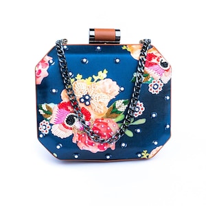 Navy blue floral printed Embroidered Embellish Evening Clutch Handbag , Party Purse Indian  Clutch Sling, Wedding Bridal Bag , Gift