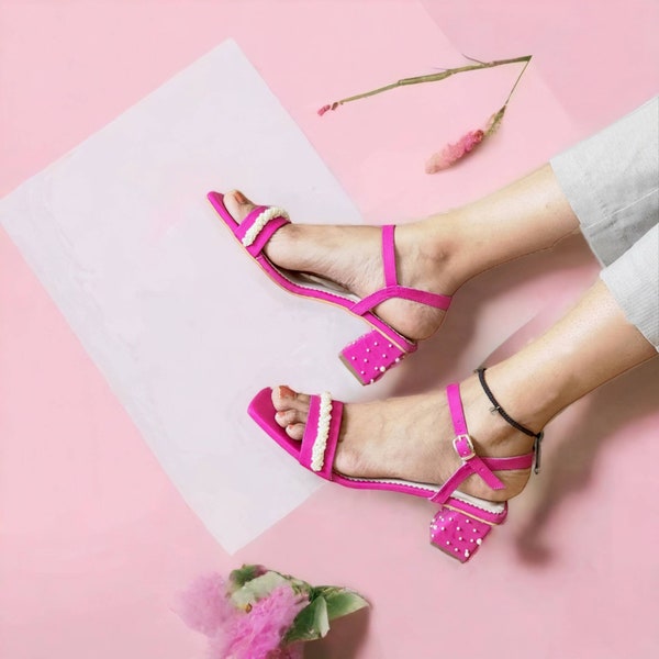 Women hot pink block heels, embroidered colorful block heels,Wedding heels ,Wedding sandals , Bridal heels, Indian heels Pearl Heels sandals