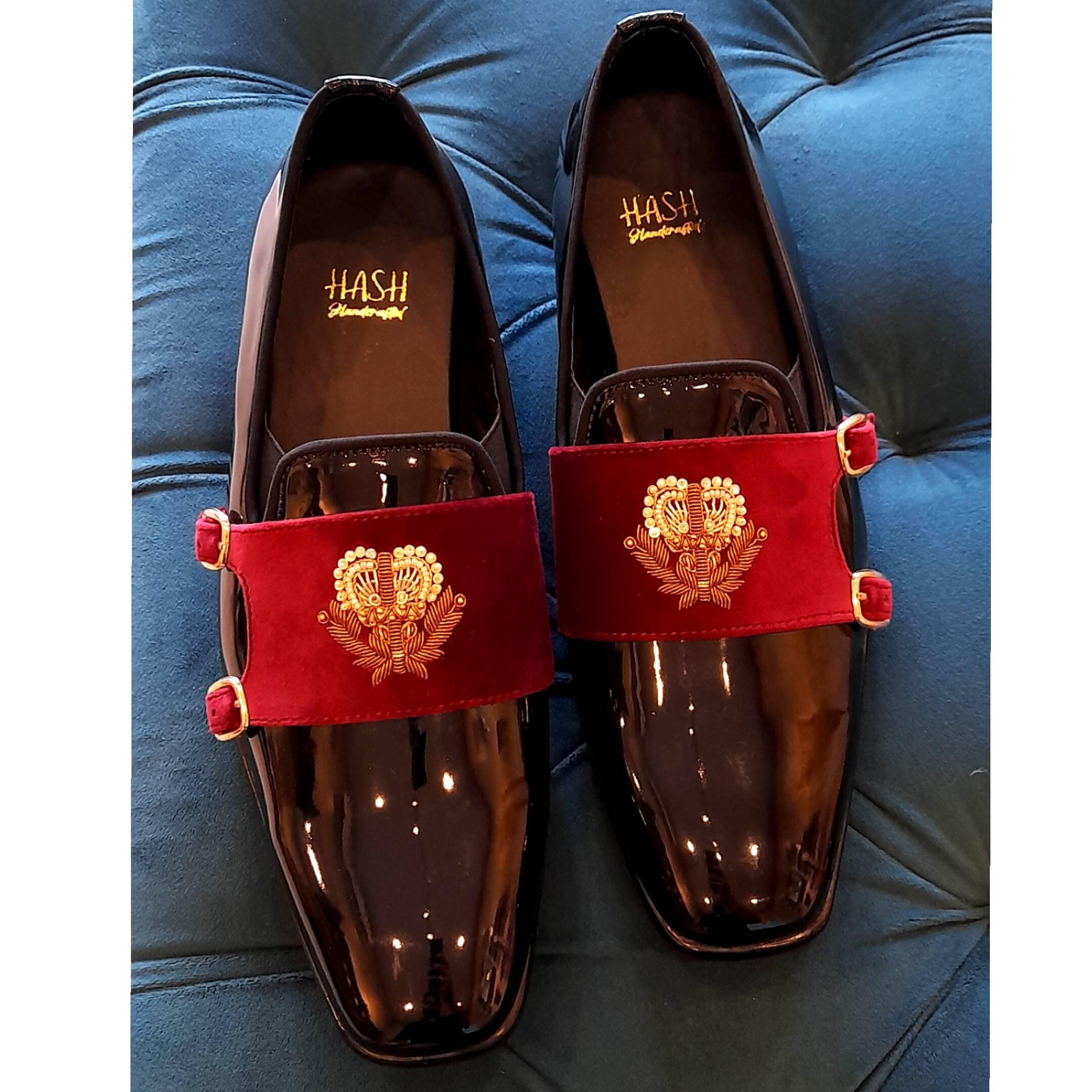 Black Vegan Patent Mens Monk Strap Loafers, Hand-embroidered 