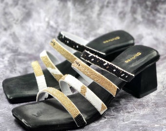 Black synthetic leather women sandals strap slip ons block heels beadwork boho slipons heels Handembroidered Indian footwear summer heels