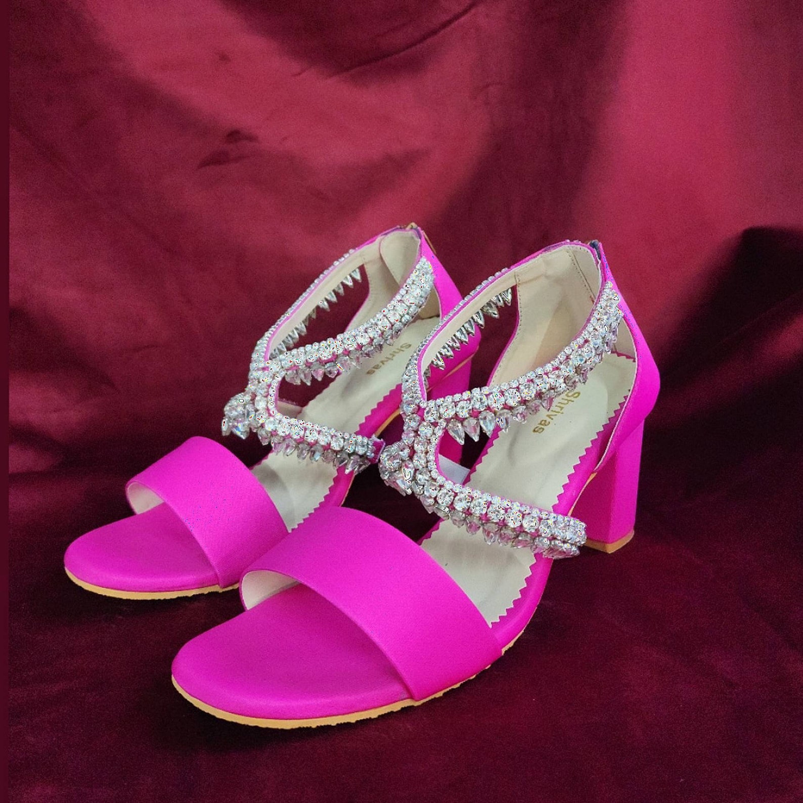 Women Hot Pink Block Heels With Rhinestones Bridal Heels Pink Wedding
