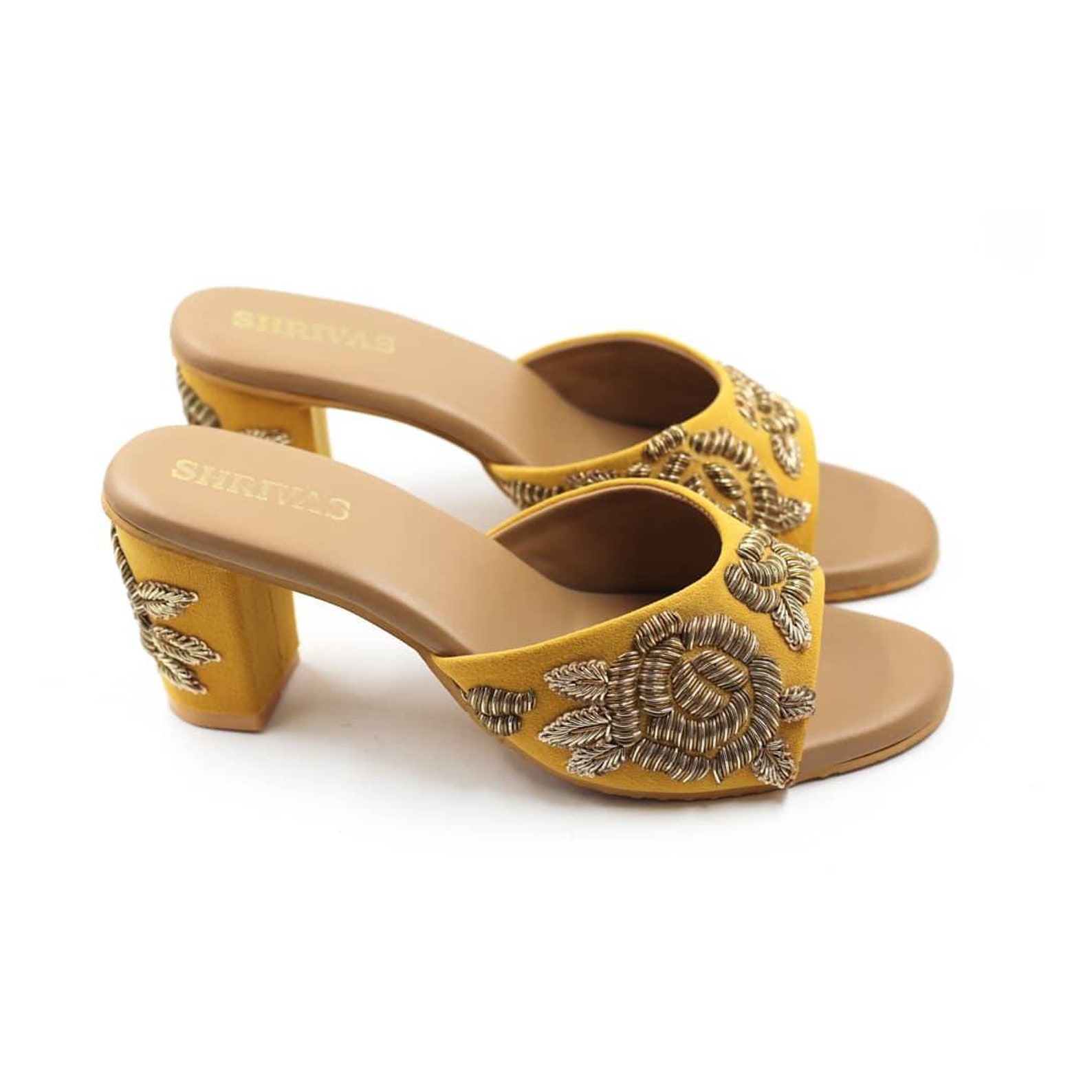 Ethnic Indian Women Mustard Heel With Embroidery Wedding Heels Bridal