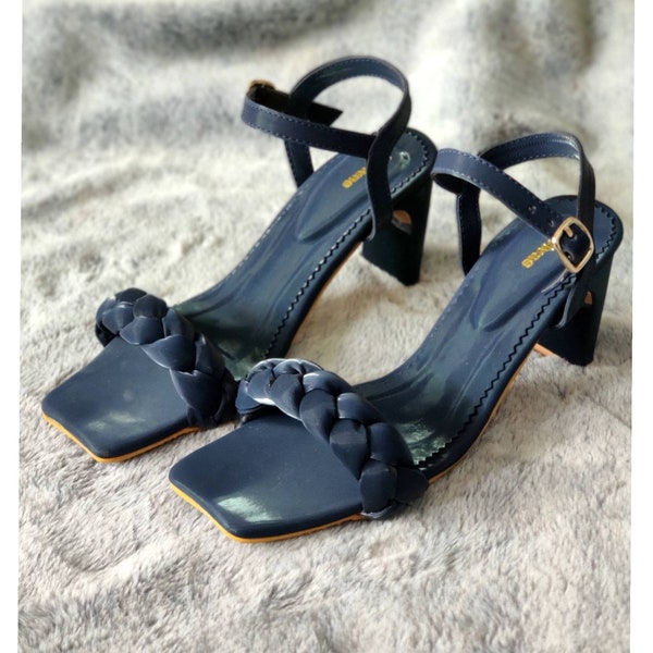 SALES 40%, Navy blue shoes for women,Handmade Navy Blue High Heel Sandals,Navy Blue Leather Shoes,Navy Blue Block Heel Shoes, Blue Heel