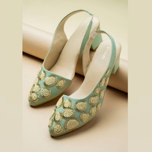 Mint green vegan/synthetic leather Pointed toe heel women Footwear with hand embroidery Navy blue suede wedding shoes Indian ethnic footwear