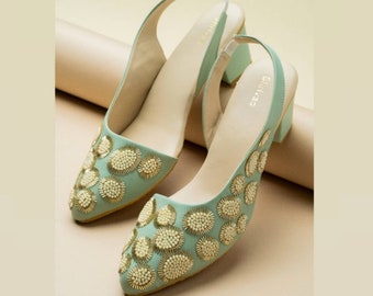 Mint green vegan/synthetic leather Pointed toe heel women Footwear with hand embroidery Navy blue suede wedding shoes Indian ethnic footwear