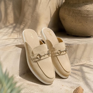 Men's Beige Genuine Suede Mule Loafers, Backless Horsebit Loafers, Handmade Slip On Shoes, Beige Wedding Shoes for Men, Groom Mules