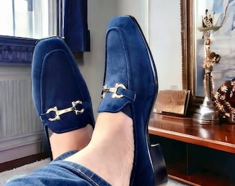 Men Navy Blue velvet loafers slips on shoes| Gift for him| Groom shoes| Groomsmen shoes| Men wedding shoes