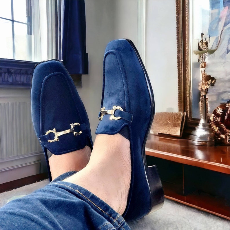 Men Navy Blue Velvet Loafers Slips on Shoes Gift for Him Groom Shoes
