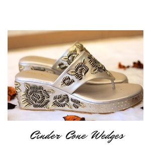 Ethnic Indian Women Gold Velvet / suede/Synthetic Leather Bridal Shoe with Embroidery Wedding wedges Bridal Wedges Heels Zardozi Embroidery
