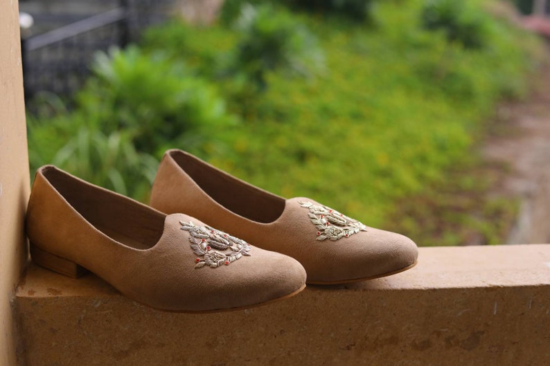 Handmade Beige Suede Mojdi Shoes: Zardozi Embroidery, Indian Loafers image 1