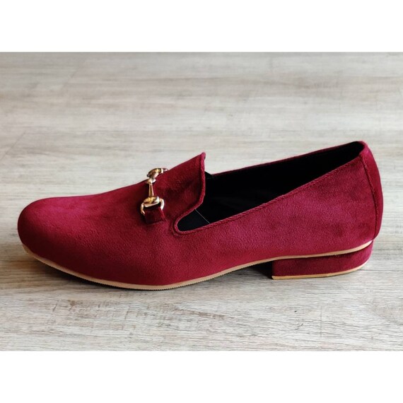 Men Burgundy Maroon Velvet Loafers Slips on Shoes Mocassins 