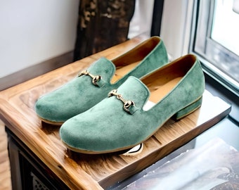 Men Mint green velvet loafers slips on shoes Mocassins round shape comfortable loafers Gift for him