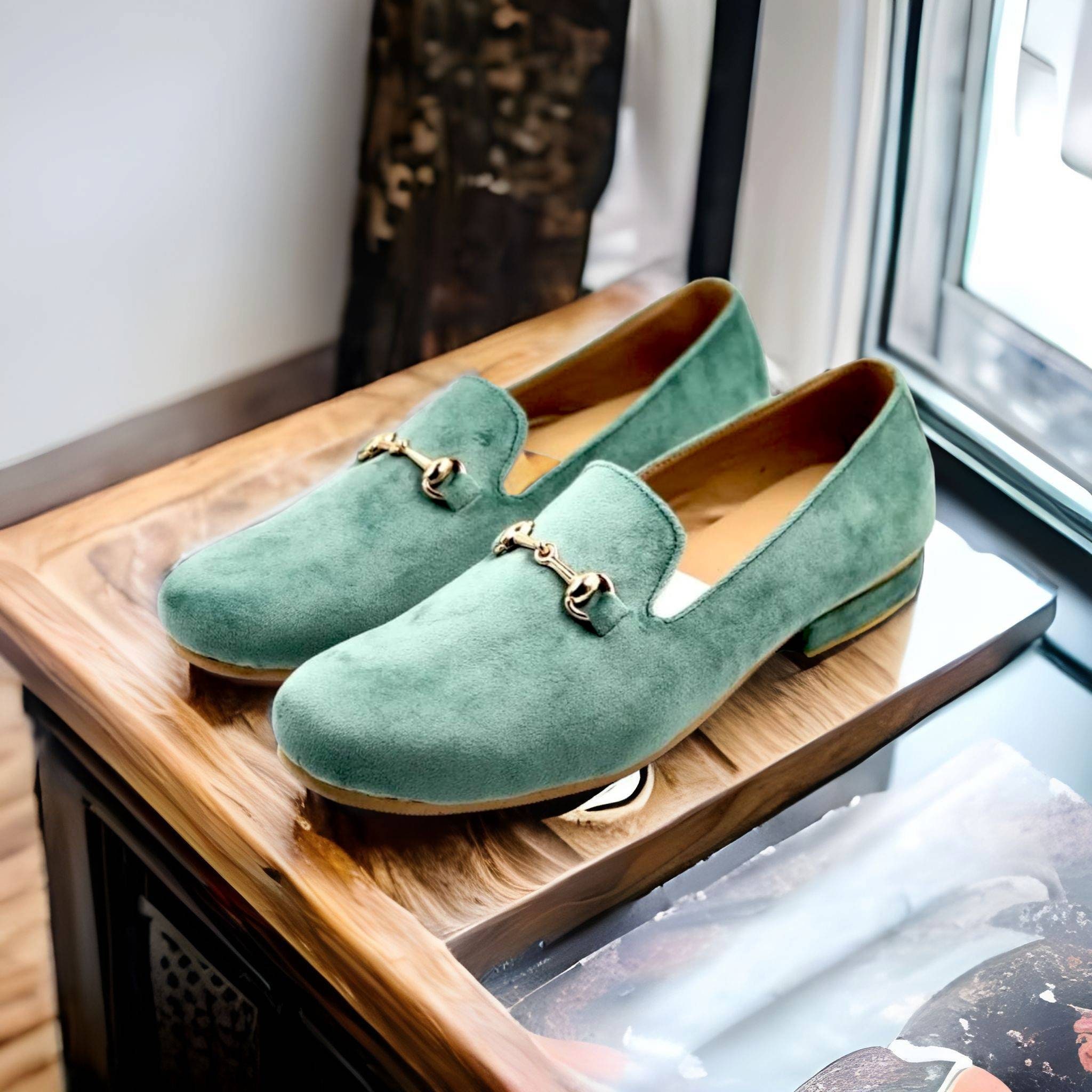 Men Mint Green Velvet Loafers Slips on Shoes Mocassins Round -