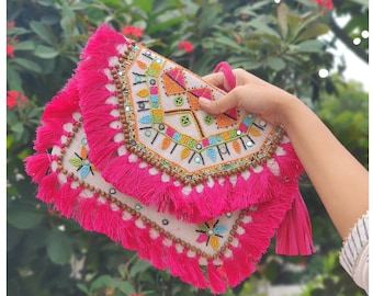 Pink Banjara Bag, Boho Clutch, Beaded Bohemian Purse, Fashion Sling Bag, Embroidered Bag, Crossbody Bag, Jute Burlap Bag, Tassel Bag