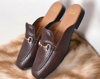 Men's Handmade Vegan Leather Mules: Crocodile Print Slip-ons