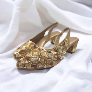 Women gold vegan leather block heels, embroidered block heels, Wedding heels ,Wedding sandals , Bridal heels, Indian ethnic heels