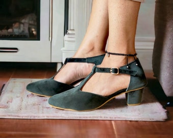 Dark Green Velvet Mary Jane Heels, Bridal Wedding Sandals