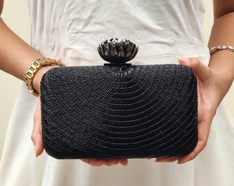 Black Evening Clutch Handbag , Party Purse Indian Zardozi Clutch Sling, Wedding Bridal Bag, Embellished  Evening Clutch, Gift