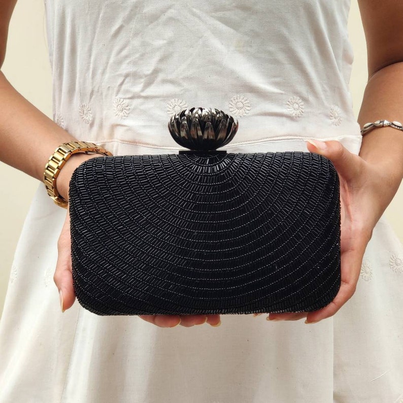 Black Evening Clutch Handbag , Party Purse Indian Zardozi Clutch Sling, Wedding Bridal Bag, Embellished Evening Clutch, Gift image 1