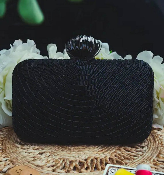 Pochette Da Sera Donna In Pelle Con Cristalli E Catena - Mini Clutch Nera Per Matrimonio E Feste