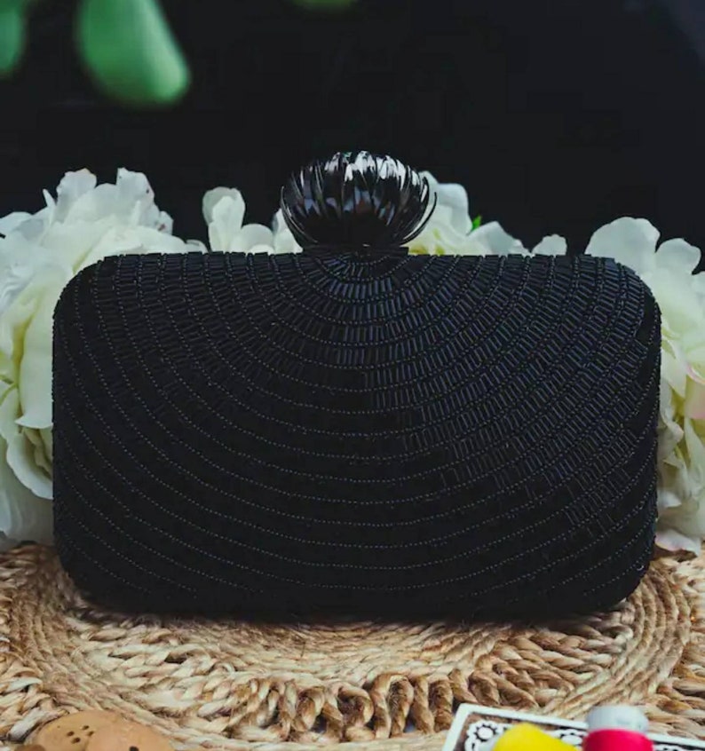 Black Evening Clutch Handbag , Party Purse Indian Zardozi Clutch Sling, Wedding Bridal Bag, Embellished Evening Clutch, Gift imagem 2