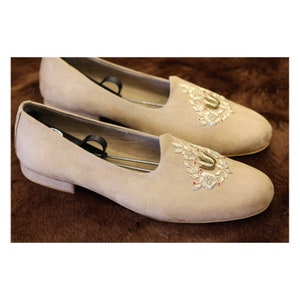 Handmade Beige Suede Mojdi Shoes: Zardozi Embroidery, Indian Loafers image 4