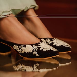 Dark Brown Velvet Handcrafted Designer Mules Women Heel With off white Thread Embroidery  Gift for Her Bridesmaid gift Maid of Honor gift