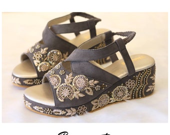 Grey Suede Wedding Wedges with Zardozi Embroidery, Indian Bridal Shoe