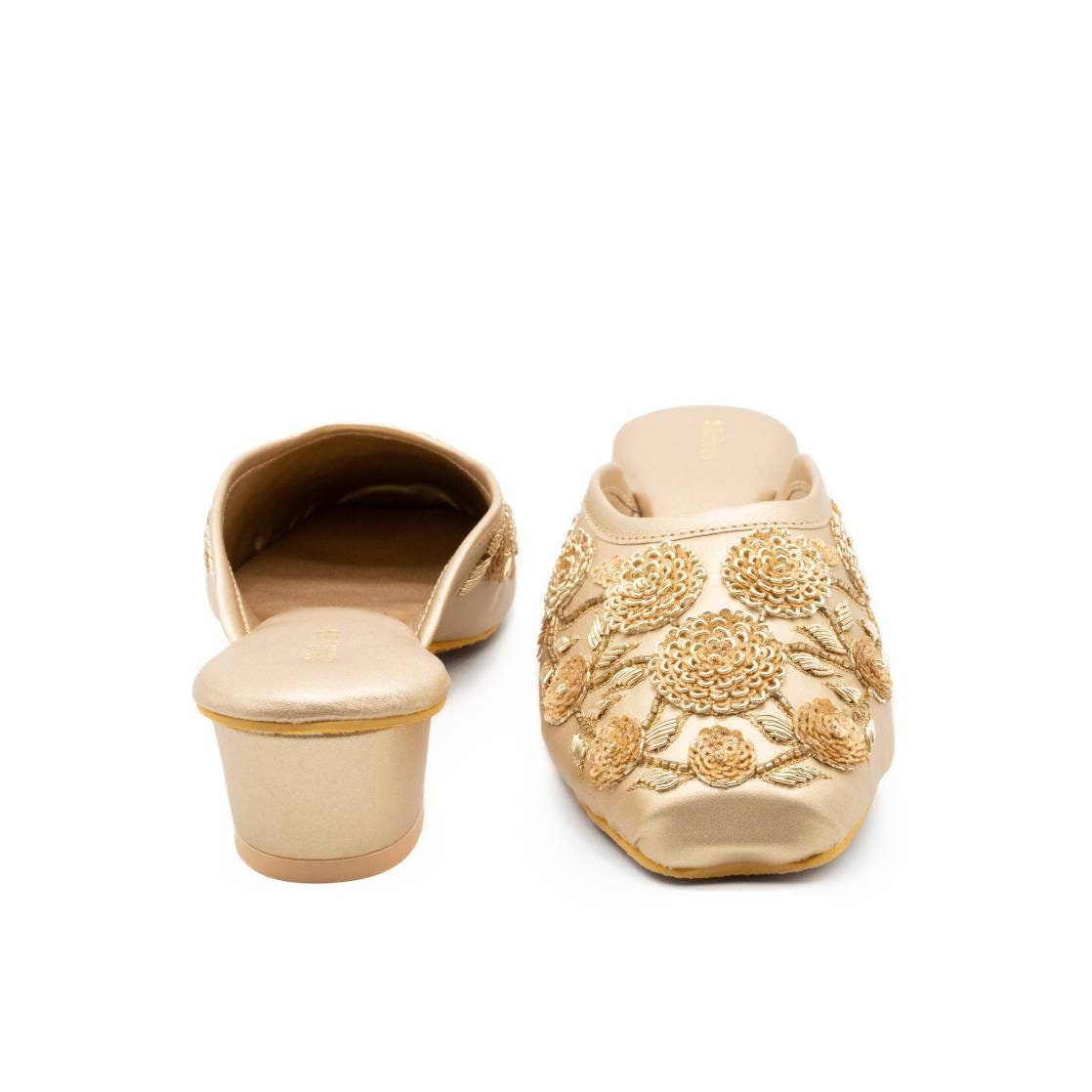 Women Gold Leather Mules Heels Shoes Jutti Shape Women