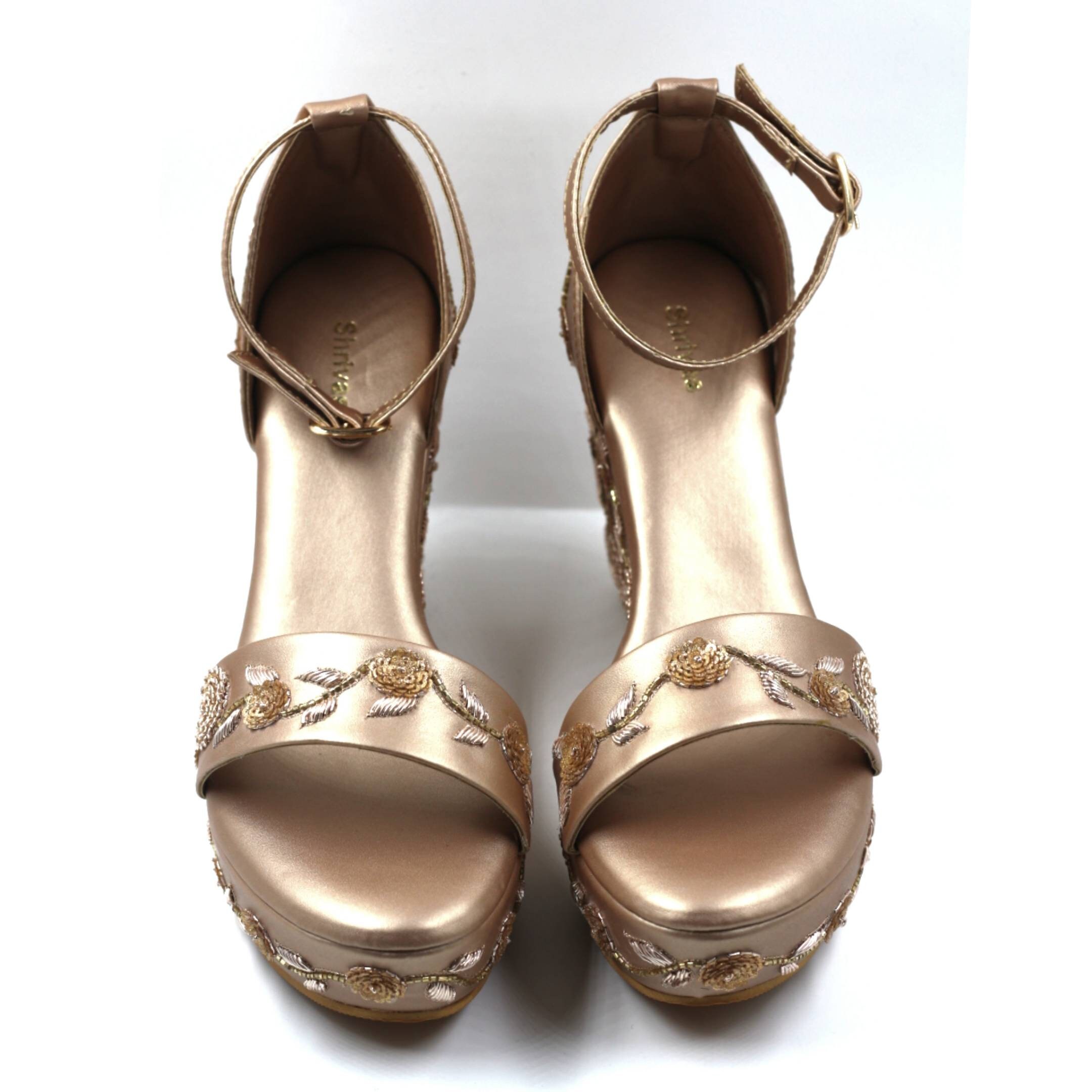 Rose Gold Bridal Wedges: Vegan Leather Heels With Zardozi