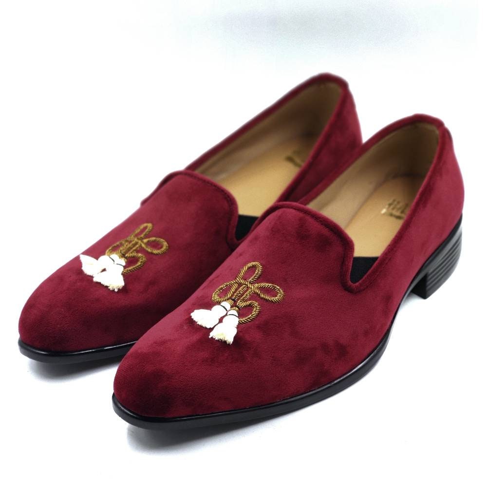 Men\'s Crown Burgundy Rubber Velvet Loafers Embroidery Slip-On Tuxedo Shoes Men main image 2