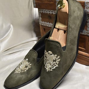 Men olive green Vegan suede shoes loafers Embroidered Loafers Groom shoes Men wedding shoes Indian ethnic shoes