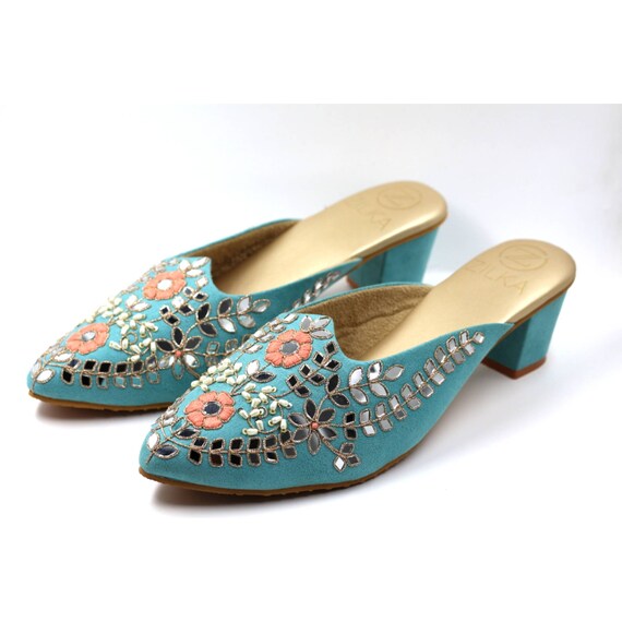 Mirror Work Handmade Designer Sea Blue Light Blue Suede Wedding