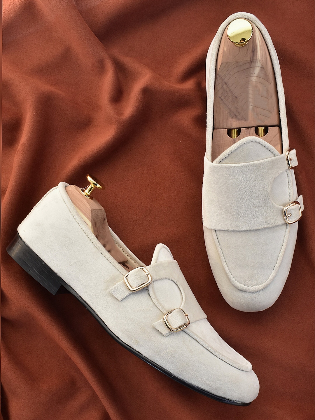 Cream Velvet Men Double Monk Loafers Handmade Shoes | Gift  display picture 1