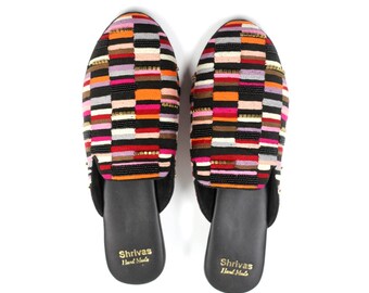 Women mules, suede mules for women , Suede Babouche, Black mule for women, Multicolored thread work mule for women,