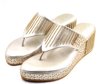 Champagne Gold Vegan/Synthetic Leather Women wedges Bridal Wedges Bridal Footwear with hand embrodiery Designer Indian Ethnic Bridal Wedges