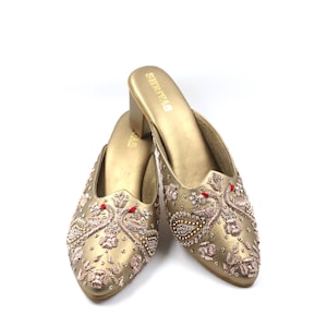 Golden  Women Hand Embroidery Designer Heels Indian Handmade Footwear Wedding Heels Ethnic Indian Footwear Block Heels Pearl Bridal Shoes