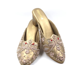 Golden Hand Embroidered Block Heels, Indian Bridal Shoes