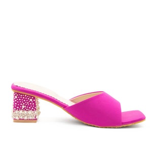 Hot pink Women Medium Block Heels Footwear with Pearls Embroidery Hot pink wedding heels