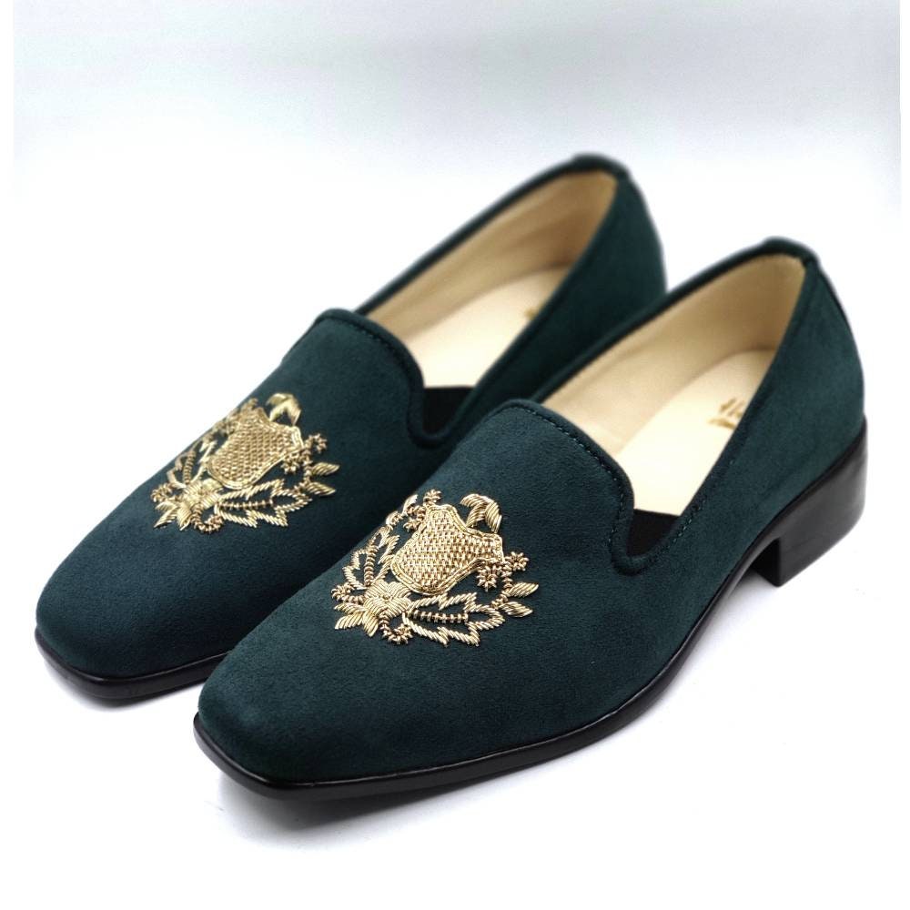 Men Emrald Green Olive Green Suede Velvet Loafers Slipon Shoes