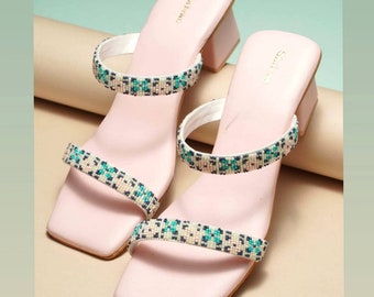 Pink vegan leather women sandals strap slip ons block heels beadwork boho slipons heels Handembroidered Indian footwear summer heels