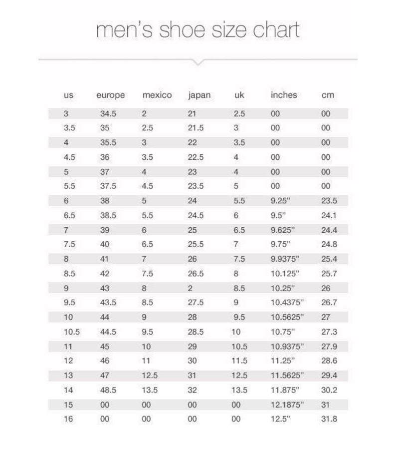 Puede incluir: Una tabla de conversi&oacute;n de tallas de zapatos para hombres, que muestra las tallas US, europeas, mexicanas, japonesas, brit&aacute;nicas, en pulgadas y cent&iacute;metros.
