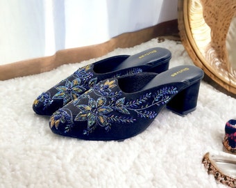 Navy blue Suede Pointed toe heel women Footwear with hand embroidery Navy blue suede wedding shoes Indian ethnic footwear