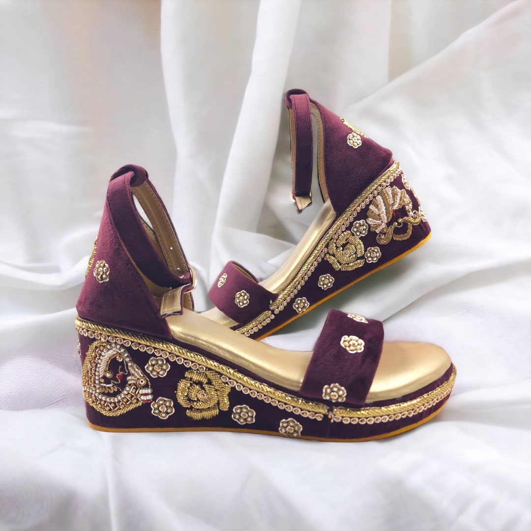 Dark Maroon Wine Velvet Women Wedding Sandals Wedding Shoes Wedding Sandals  Dark Maroon Heels Women Wedges Indian Ethnic Heels Footwear
