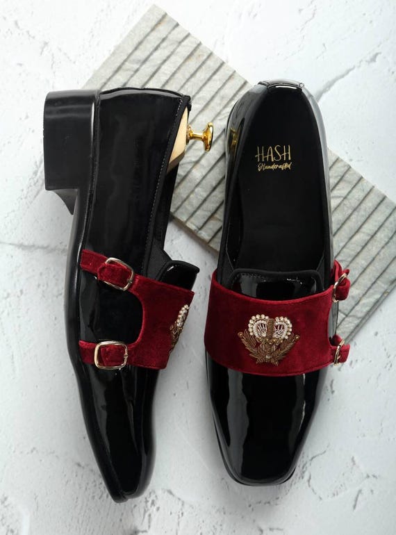 Black and burgundy men\'s patent leather slip on Black Patent Leather Maroon Velvet Men Monk Strap Loafers  main image 4