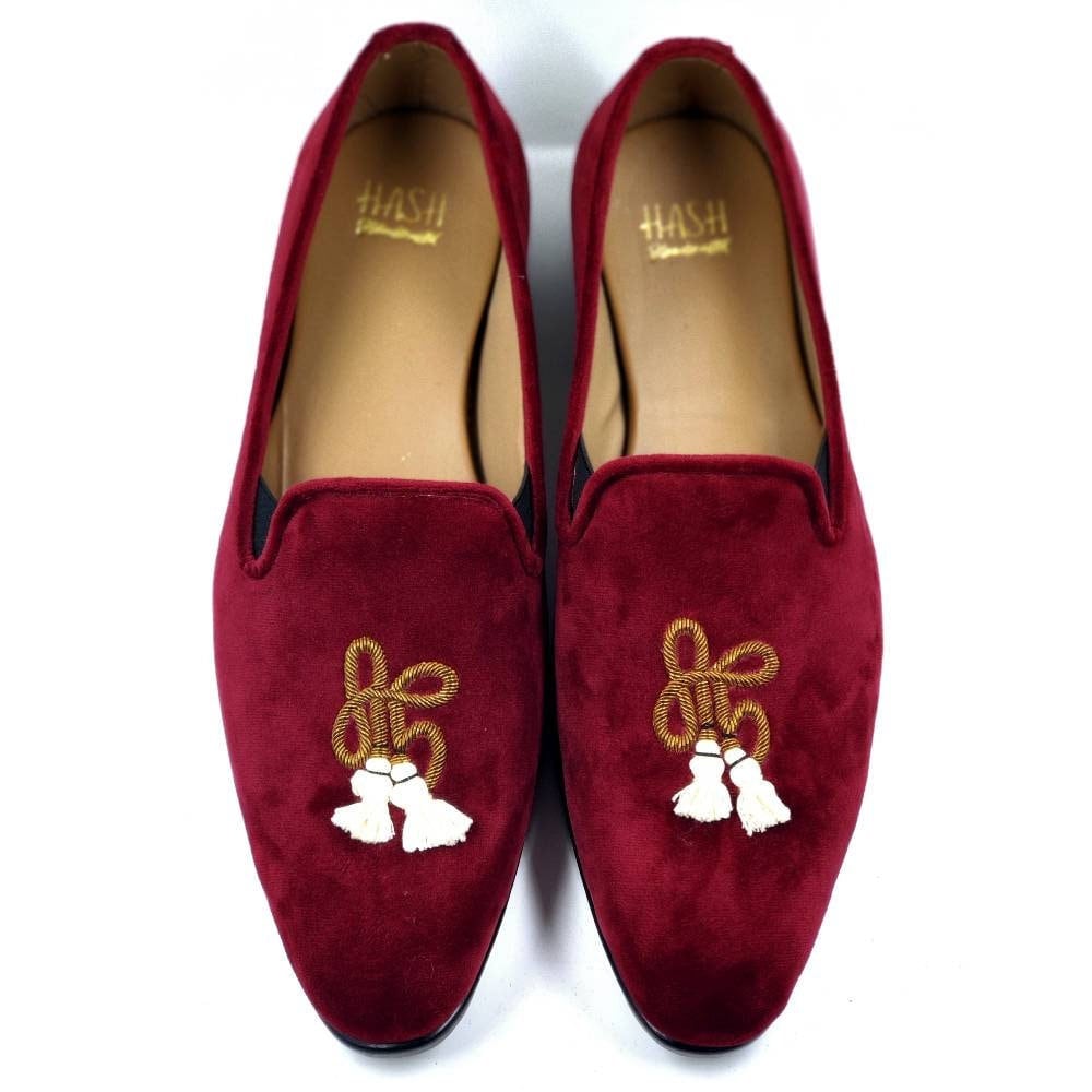 Men Burgundy Velvet Loafers Slipon Shoes With Hand  display picture 1