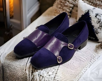 Men purple velvet loafers monk strap slip ons shoes Tuxedo slip ons  Animal print men shoes Groom shoes