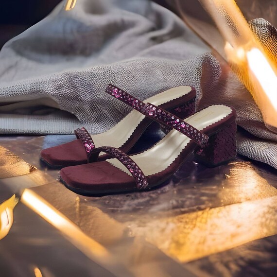 Wine Velvet Women Strappy Sandals Block Heels Sequin Embroidery