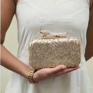 Gold Sequin Evening Clutch Handbag , Party Purse Indian Zardozi Clutch Sling, Wedding Bridal Bag, Embroidered Evening Clutch, Gift