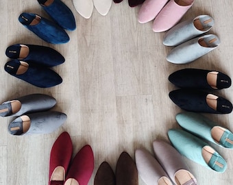 Women’s Velvet Mules – Handmade Moroccan Babouche Slippers, Slip On Shoes, Bridal Flats, House Slippers